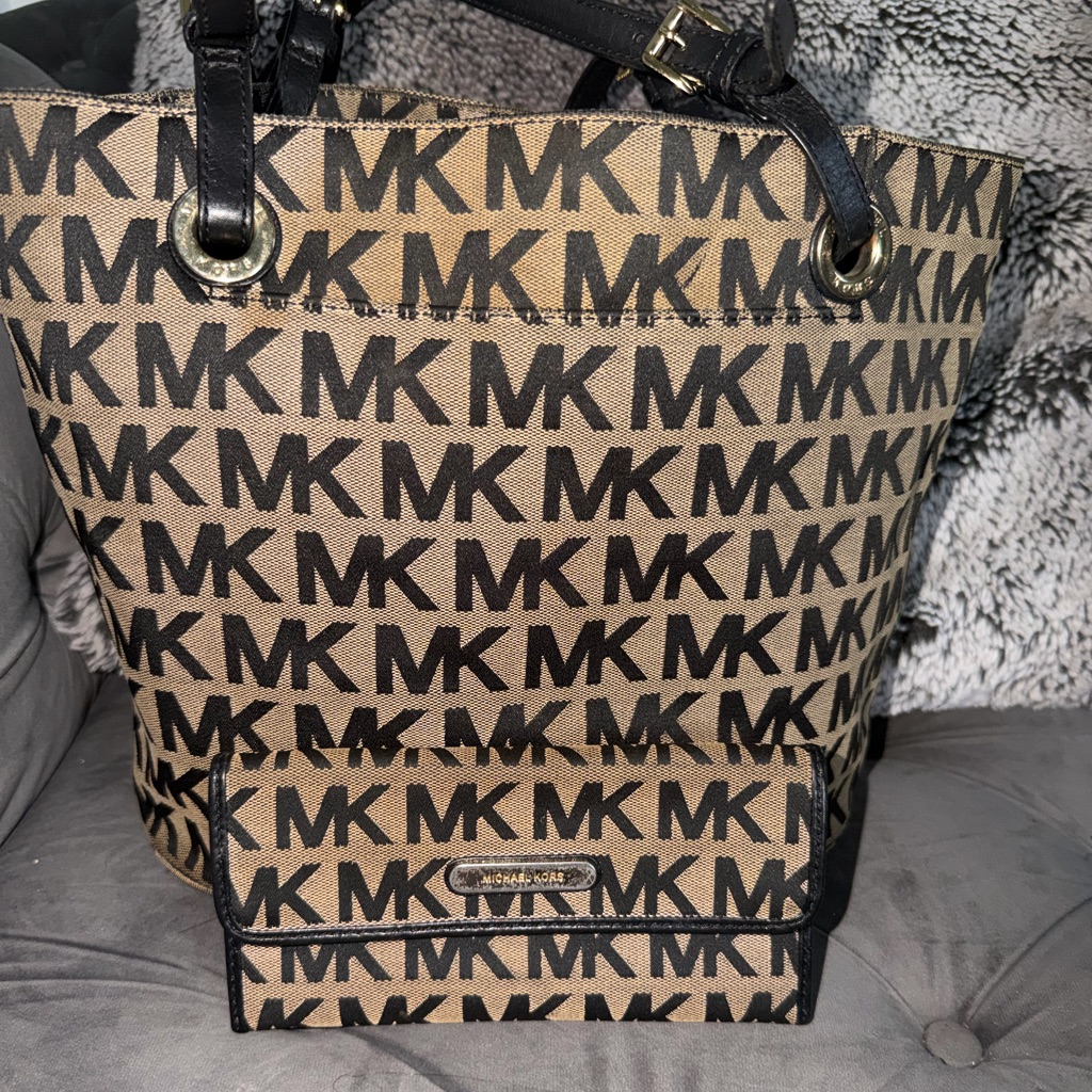 Michael Kors Black And Tan Monogram Tote And Wallet